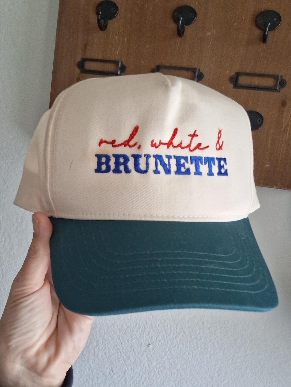 Red White & Brunette Embroidered Trucker Hat Cream & Green